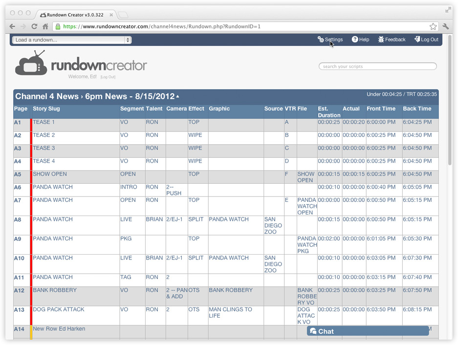 The Settings link in Rundown Creator