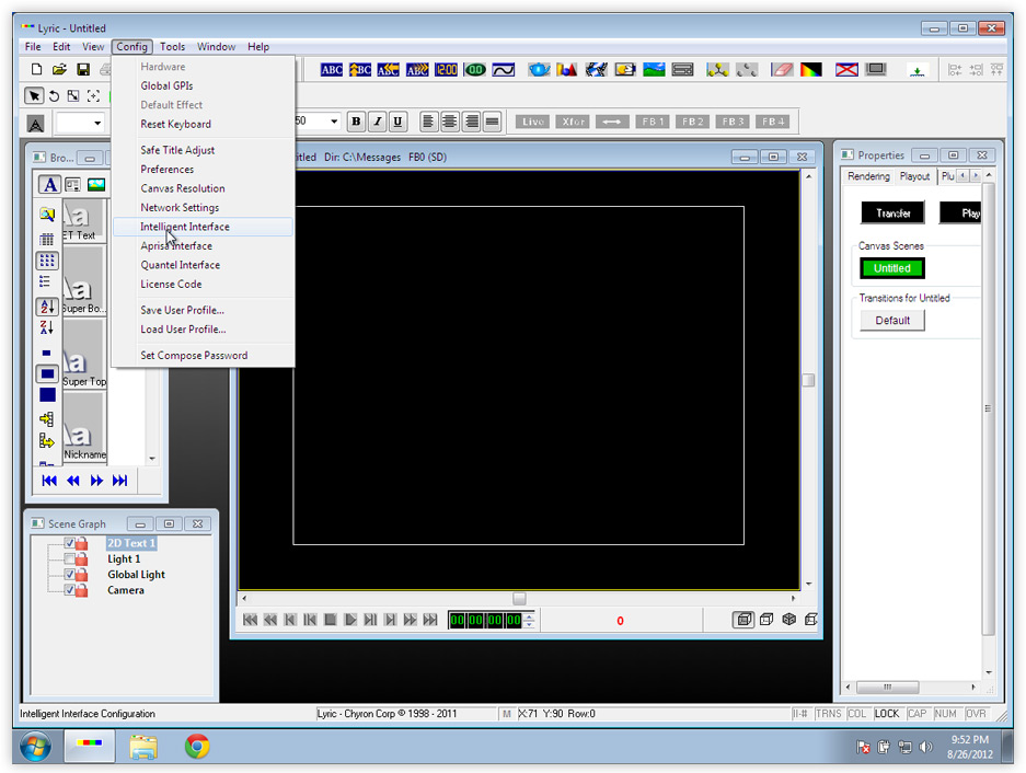 Enabling Chyron Intelligent Interface commands via Telnet in Lyric A screenshot of Chyron's Lyric software with the Config menu visible and the mouse cursor hovering over the Intelligent Interface option