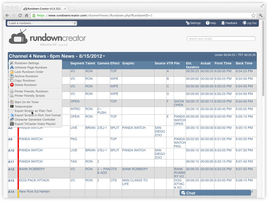 Rundown menu