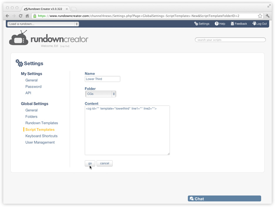 Saving a script template in Rundown Creator