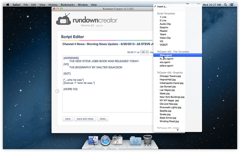 Inserting titles, graphics, audio clips, and video clips into your scripts in Rundown Creator