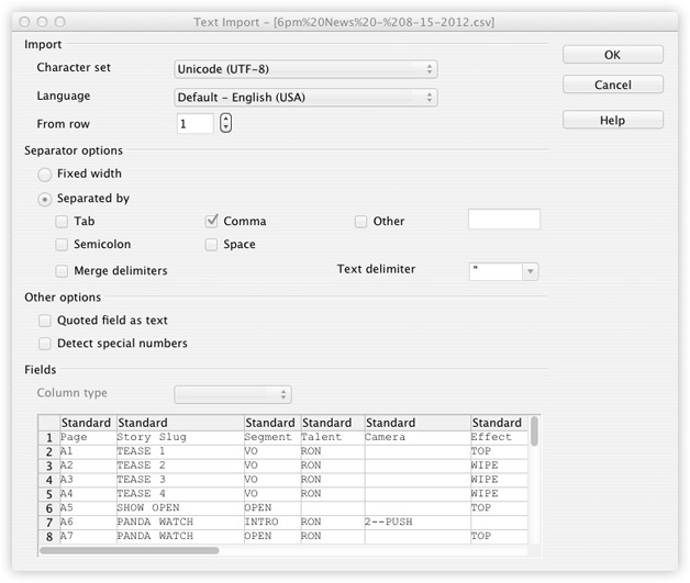 Settings for opening a CSV file