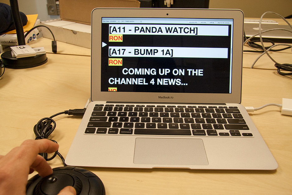 Rundown Creator's web-based teleprompter running on a MacBook Air with a Contour Design ShuttleXpress