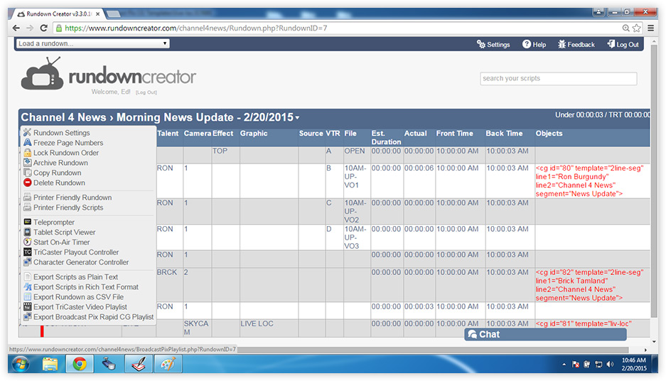 Rundown menu