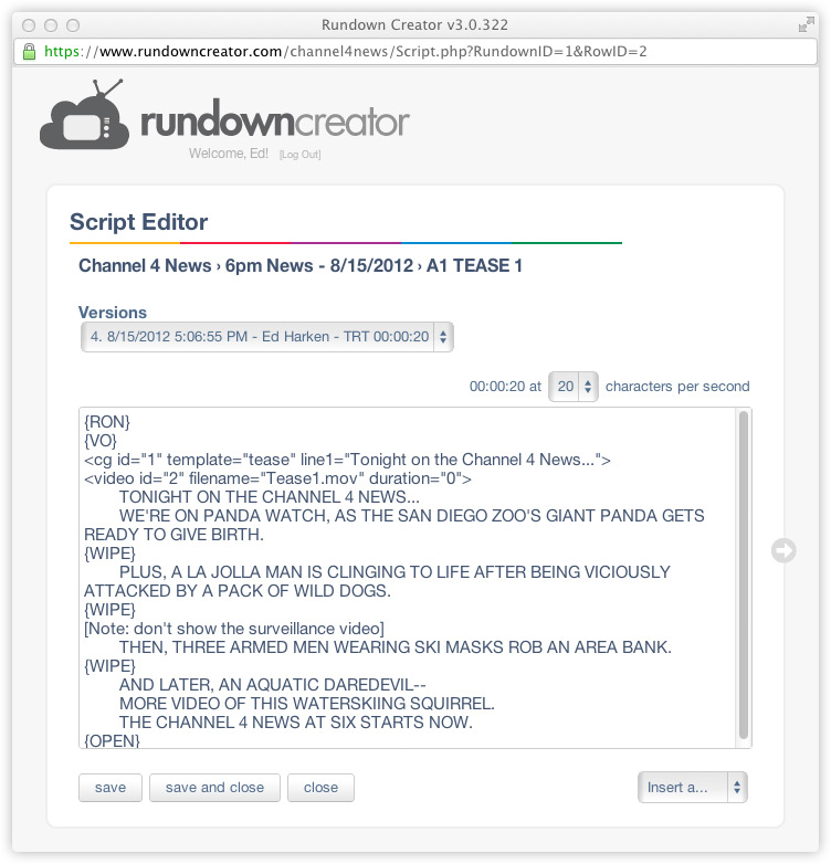 Example TV news script in the Rundown Creator Script Editor