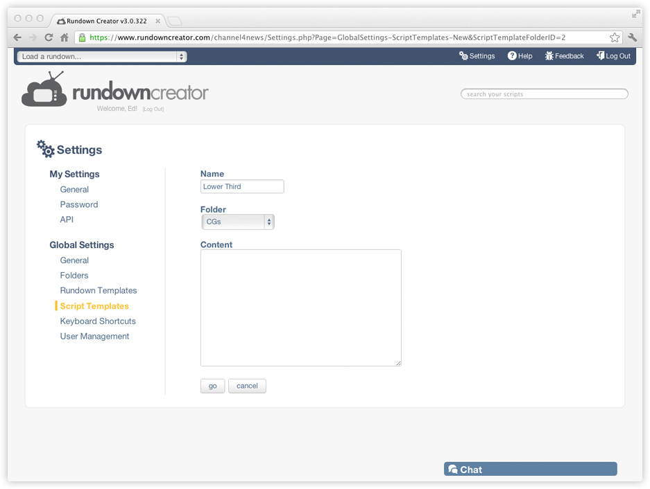 Creating a new script template for a CG in Rundown Creator