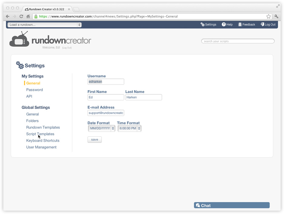 The Script Templates link on the Settings page in Rundown Creator