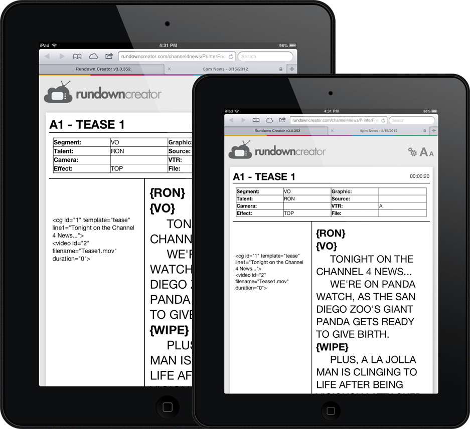 The Rundown Creator Tablet Script Viewer on the iPad and iPad Mini