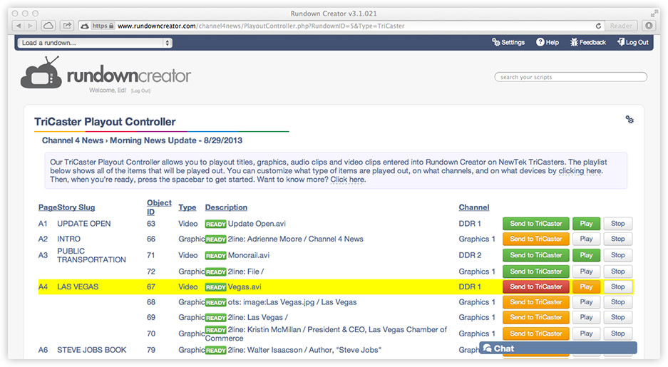 Rundown Creator's TriCaster Playout Controller